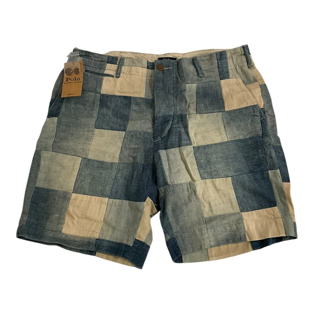 Polo Ralph Lauren Blue Patchwork 8" Inseam Shorts Mens SZ 34 NWT $225 MSRP